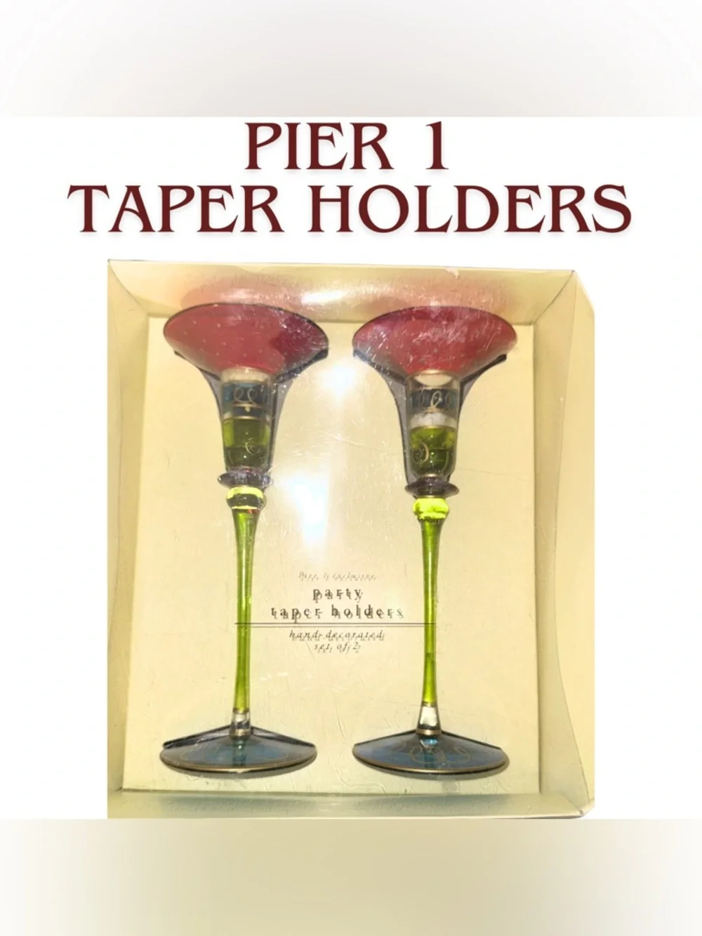 Pier 1 Red and Green Hand-Decorated Glass Taper Holders - Set of 2